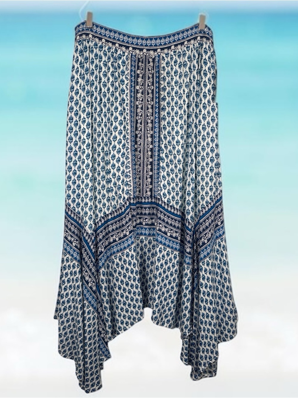 Passport Blue and White Asymmetrical Handkerchief Hem Skirt